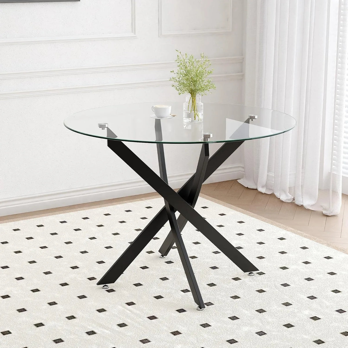 Table Ronde en Verre Trempé pour Salle à Manger, 80 cm, Base en X, Idéale pour Petits Espaces