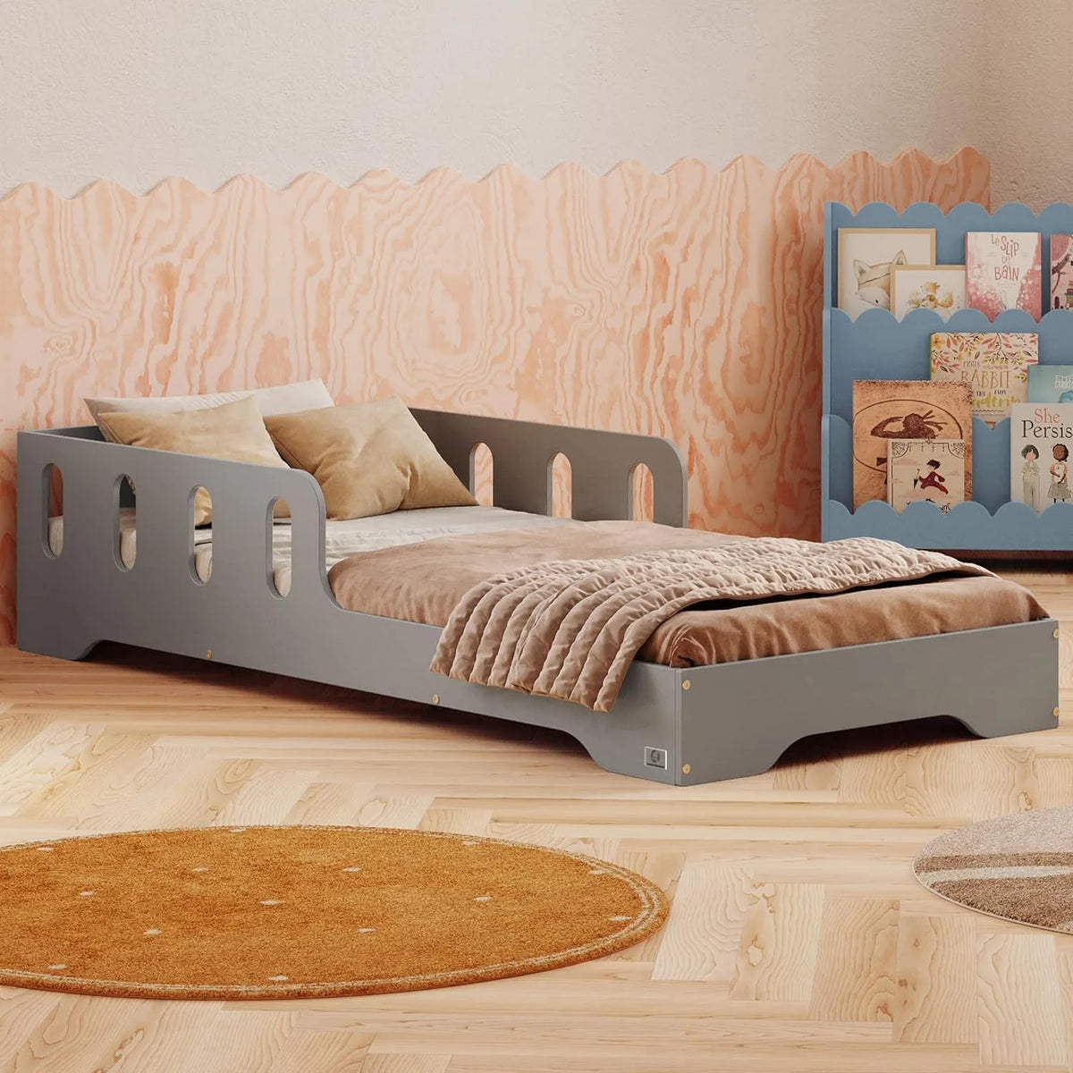 Lit Montessori Enfant 80x160 Gris avec Barrière - Bois Écologique FSC, Support 230 kg, Montage Facile, Adapté Filles et Garçons