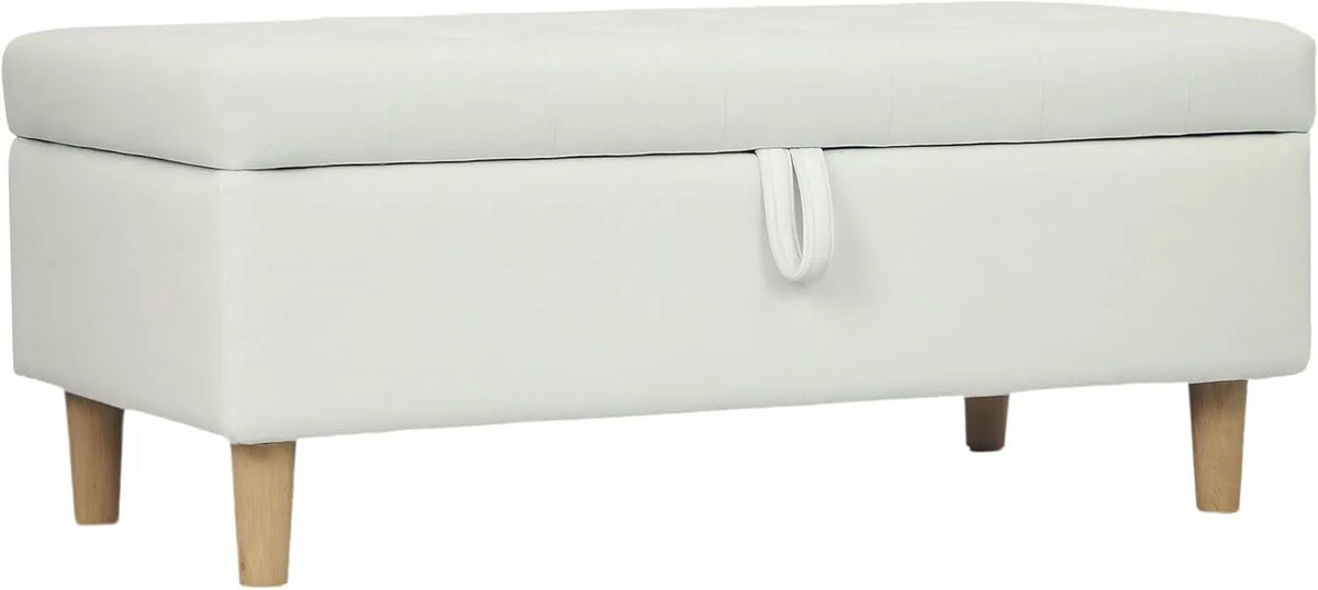 Banc de rangement en velours côtelé avec pieds en bois - Blanc crème - Pour salon, chambre et couloir - 115 x 50 x 43 cm