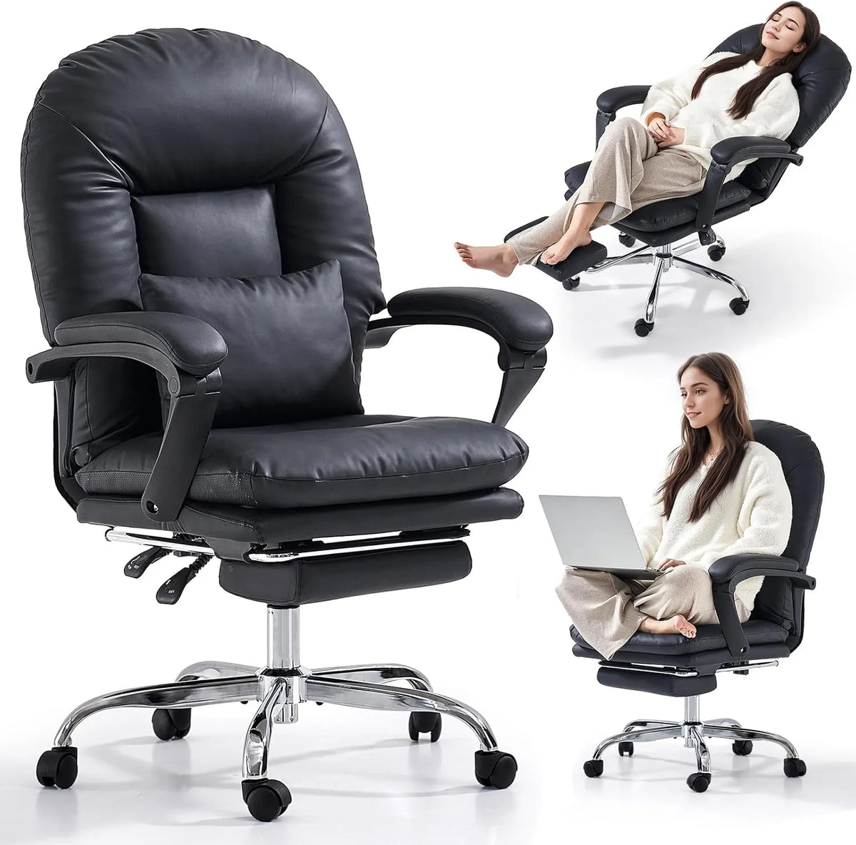 Fauteuil de Bureau Ergonomique en Cuir avec Repose-Pieds, Chaise Inclinable Pivotante Confortable, Noir