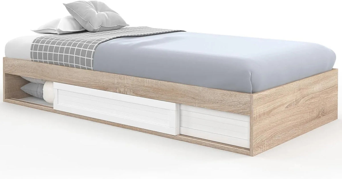 Lit Simple Salem avec Rangements et Sommier 90x190 cm - Design Hêtre et Blanc