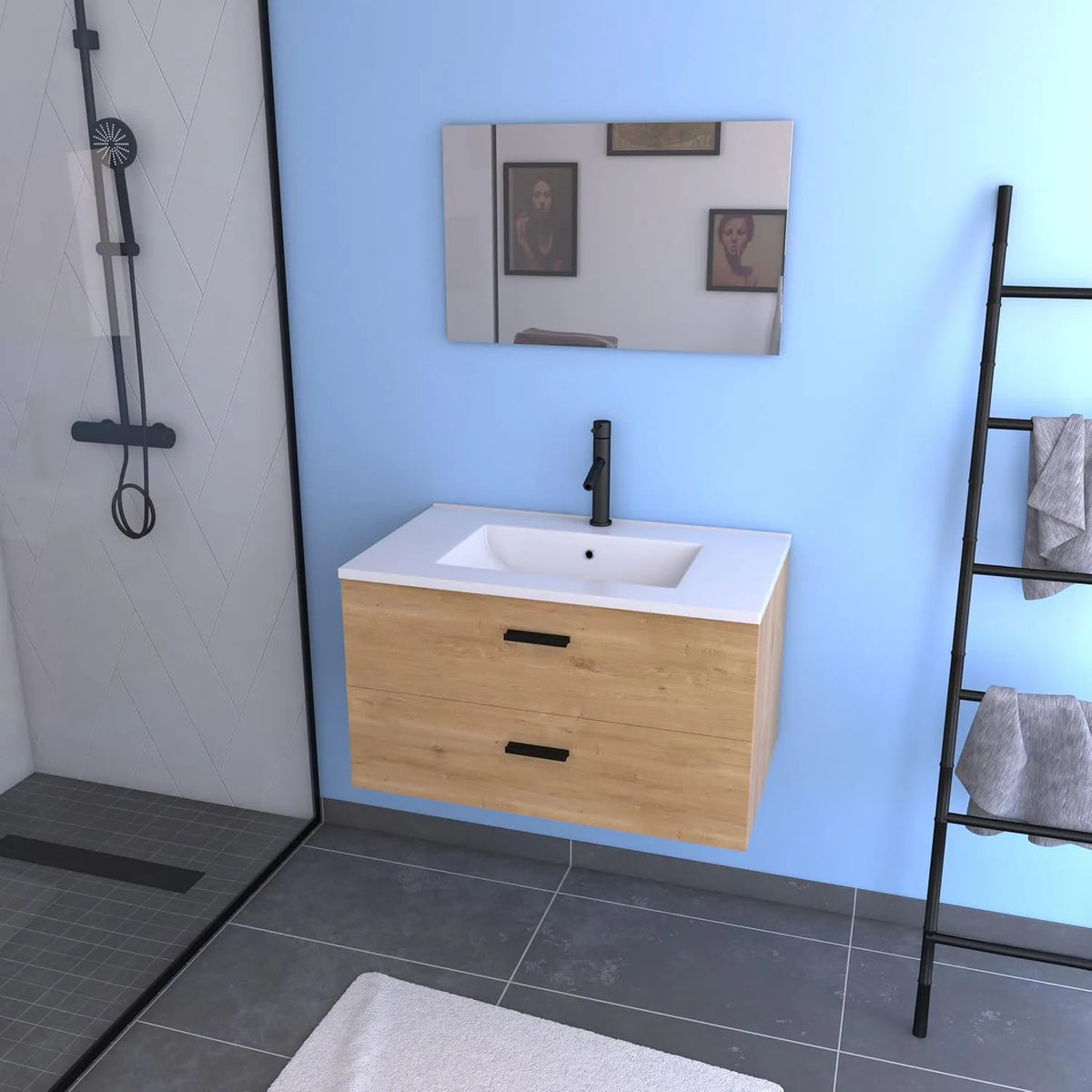 Ensemble de Meuble de Salle de Bain 80 cm avec Vasque, Miroir et Tiroirs, Finition Bois