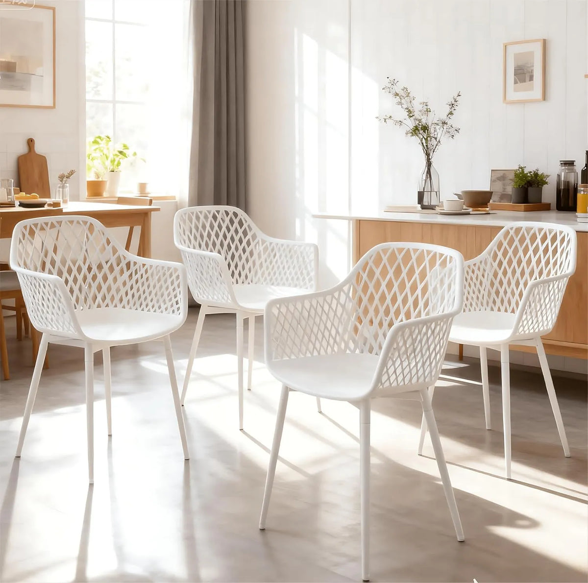 Ensemble de 4 Chaises Scandinaves Blanches pour Salle à Manger avec Pieds en Métal et Dossier Confortable