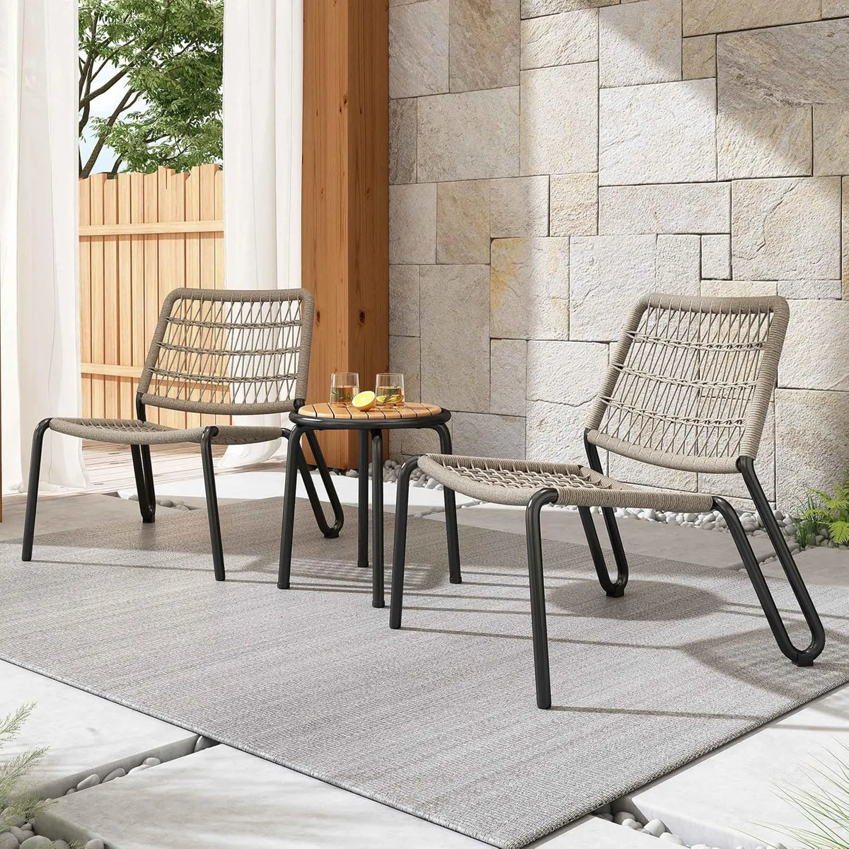 Ensemble de Jardin Bistrot pour 2, Meubles Extérieurs en Acier et Bois Massif, Chaise et Table en Corde Tressée, Beige/Noir