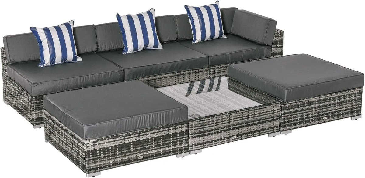 Ensemble Modulable de Jardin 6 Pièces en Résine Tressée - 5 Places avec Table Basse en Verre et Coussins - Gris
