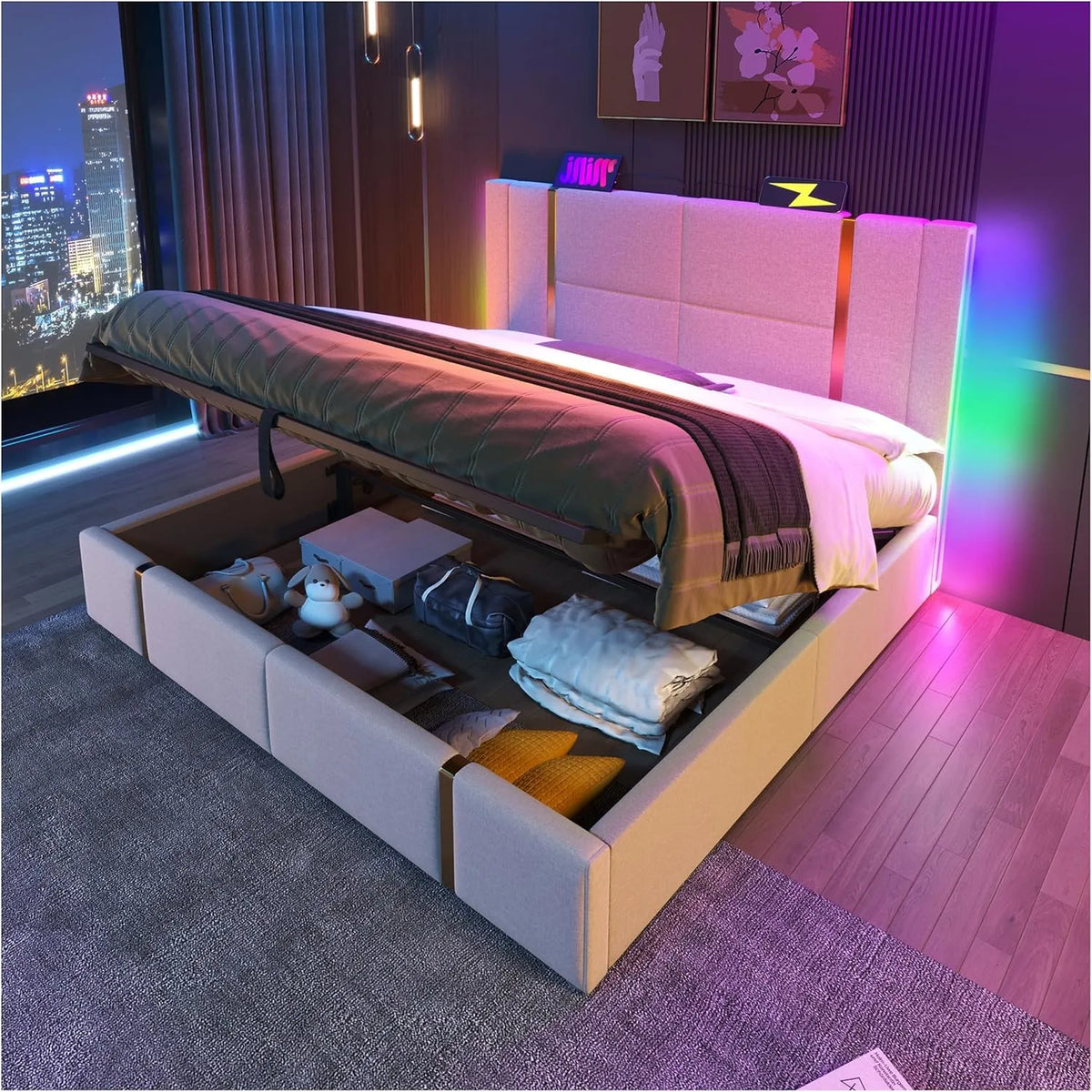 Lit Coffre 140 x 200 cm avec LED et Ports USB-C, Sommier en Bois, Tissu Lin Beige