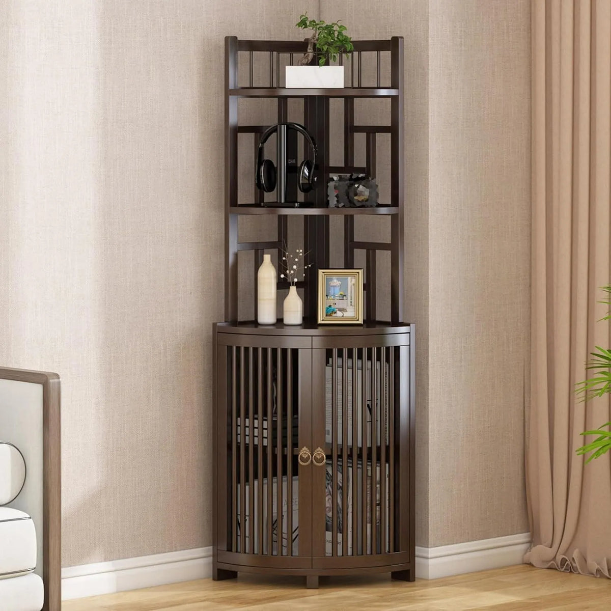 Étagère d'Angle en Bois Massif avec Porte, Rangement Multifonction pour Chambre et Salon