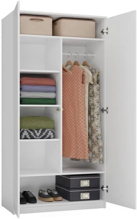 Armoire Penderie Moderne pour Chambre Enfant ou Adulte, Rangement Vêtements et Jouets, Blanc 90 cm, 2 Portes, Accessoires Inclus