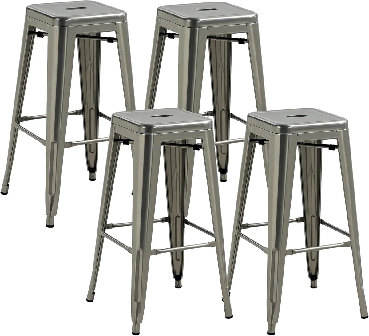 Ensemble de 4 Tabourets de Bar Industriels en Métal, Style Rétro avec Repose-Pieds, Hauteur 76 cm, pour Salle à Manger et Bars - Argent