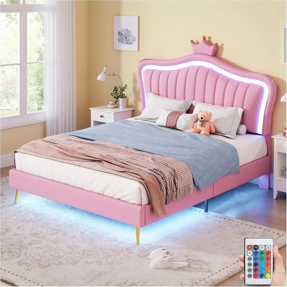 Lit Cabane Enfant 140x200 cm, Double Couronne avec LED, Cuir PU Blanc, Cadre à Lattes, Rose