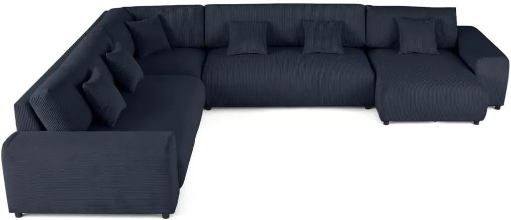 Canapé d'Angle Modulable Gauche en Velours Côtelé Bleu Nuit - 8 Places