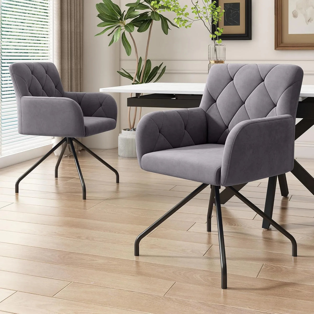Lot de 2 chaises de salle à manger modernes en velours, avec dossier ergonomique et pieds en métal, pour salon ou chambre, gris foncé
