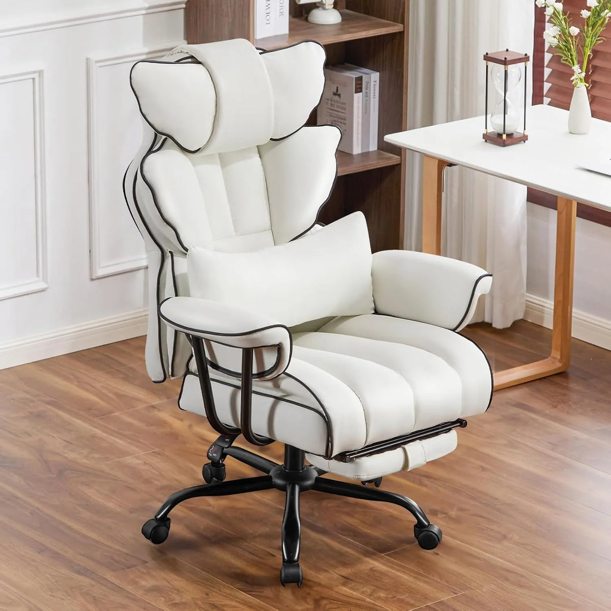 Fauteuil de Bureau Ergonomique en Cuir PU avec Repose-Pieds, Inclinable et Support Lombaire, 200kg, Réglable en Hauteur, Blanc