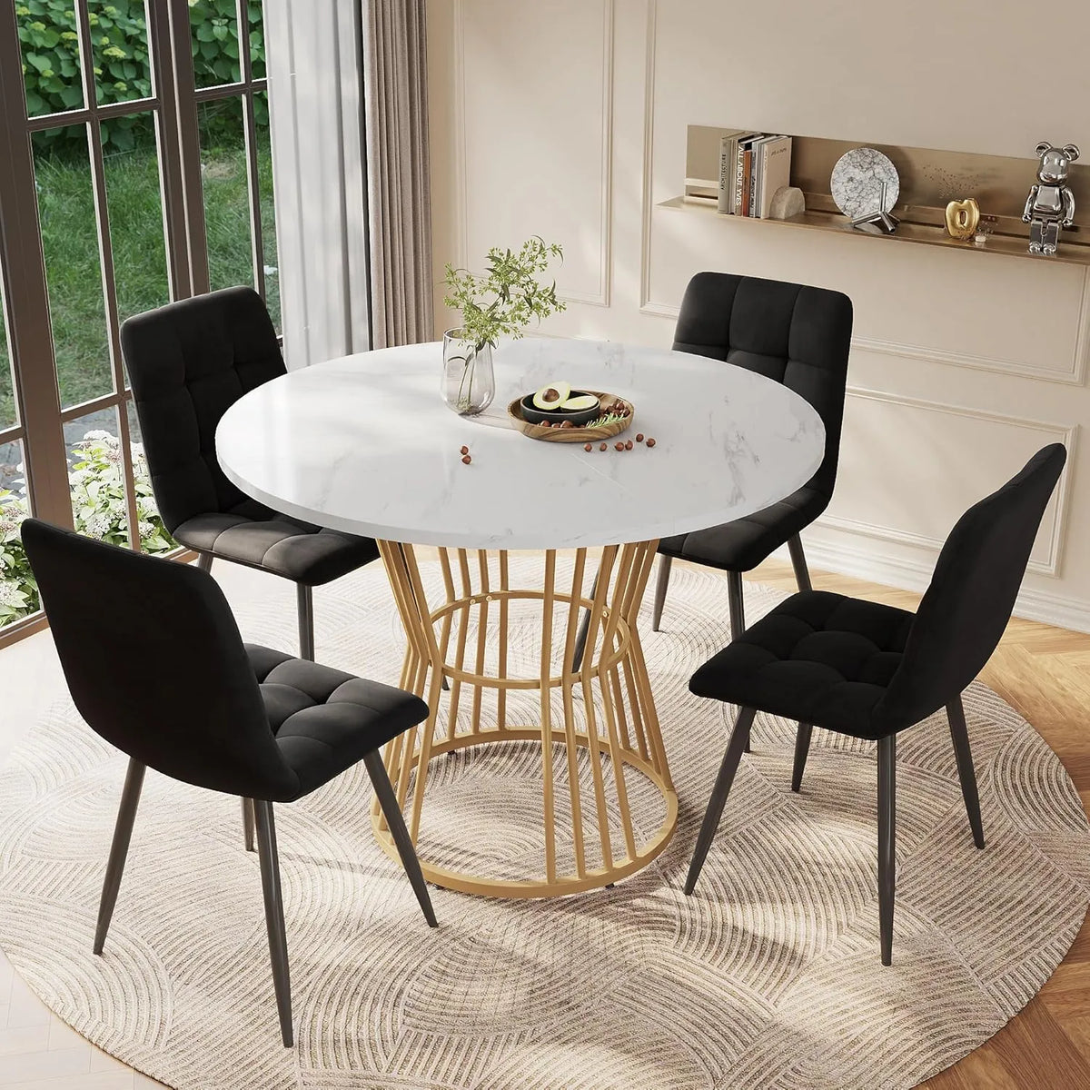Table ronde Merax en marbre, 2-4 personnes, cadre métallique, pieds ajustables, design industriel, pour salon ou cuisine, blanc/doré