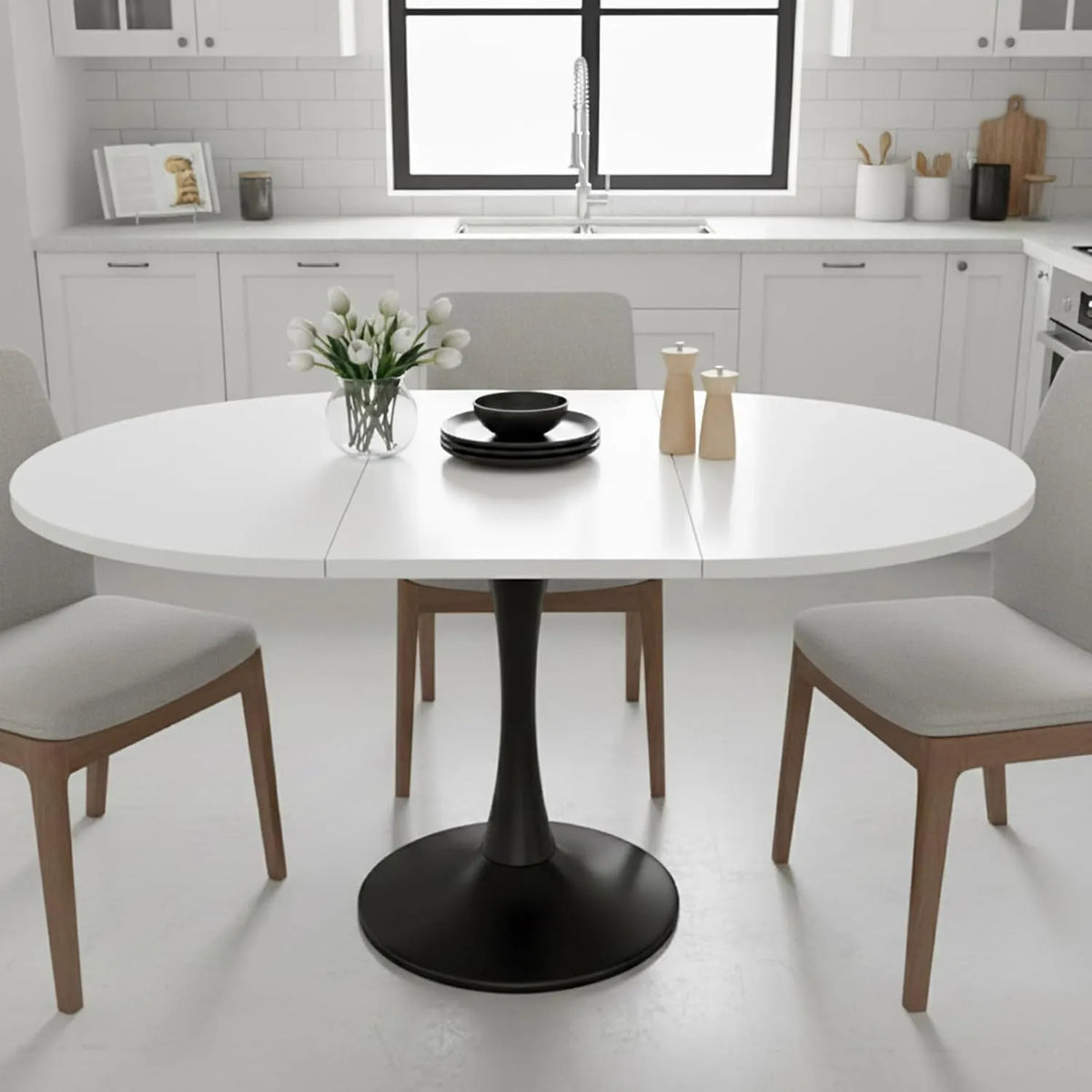 Table ronde extensible blanche avec pieds noirs 100-140 cm pour 4 à 6 personnes