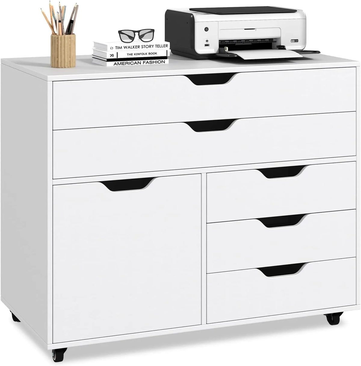 Caisson de Bureau Mobile 5 Tiroirs avec Étagère Ajustable et Support Imprimante, 5 Roues avec Freins, Blanc, 77,5x40x64 cm