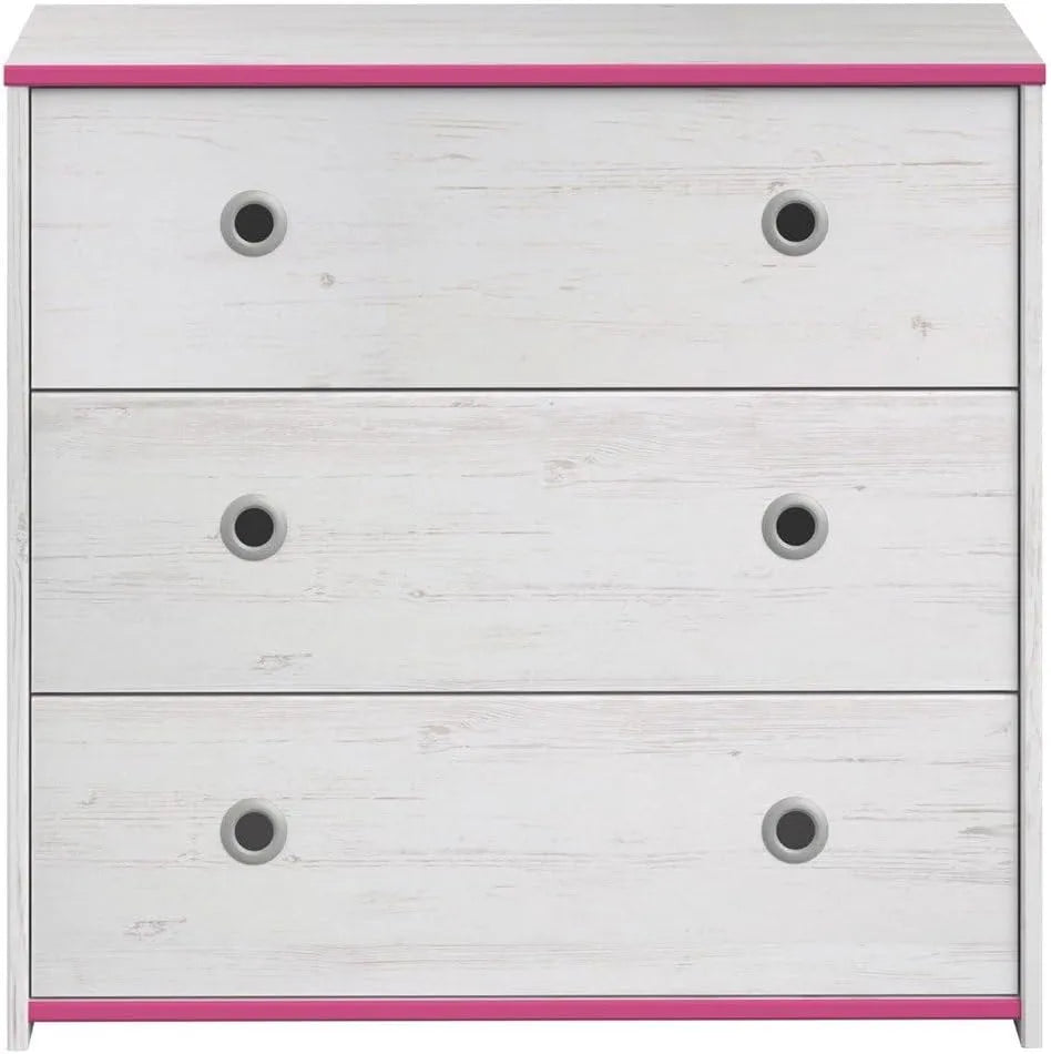Parisot SACHA Commode 3 Tiroirs Blanc avec Accents Rose ou Bleu