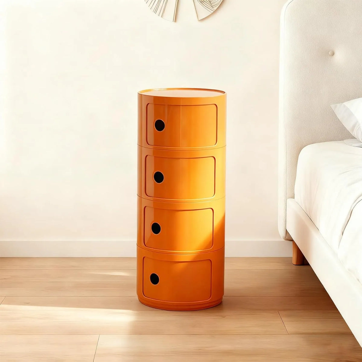 Table de Chevet Ronde avec Tiroirs et Porte Coulissante, Meuble de Rangement pour Salon ou Chambre Enfant, 4 Niveaux, Orange