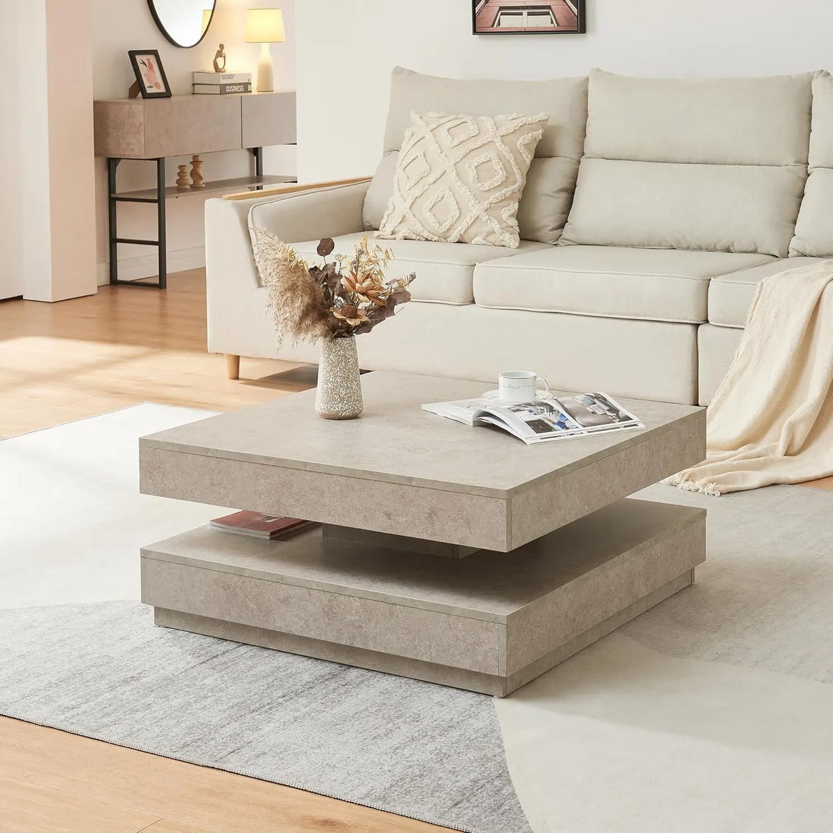 Table Basse Pivotante Carrée avec Étagère - Design Moderne en Effet Béton, 76x76x38cm