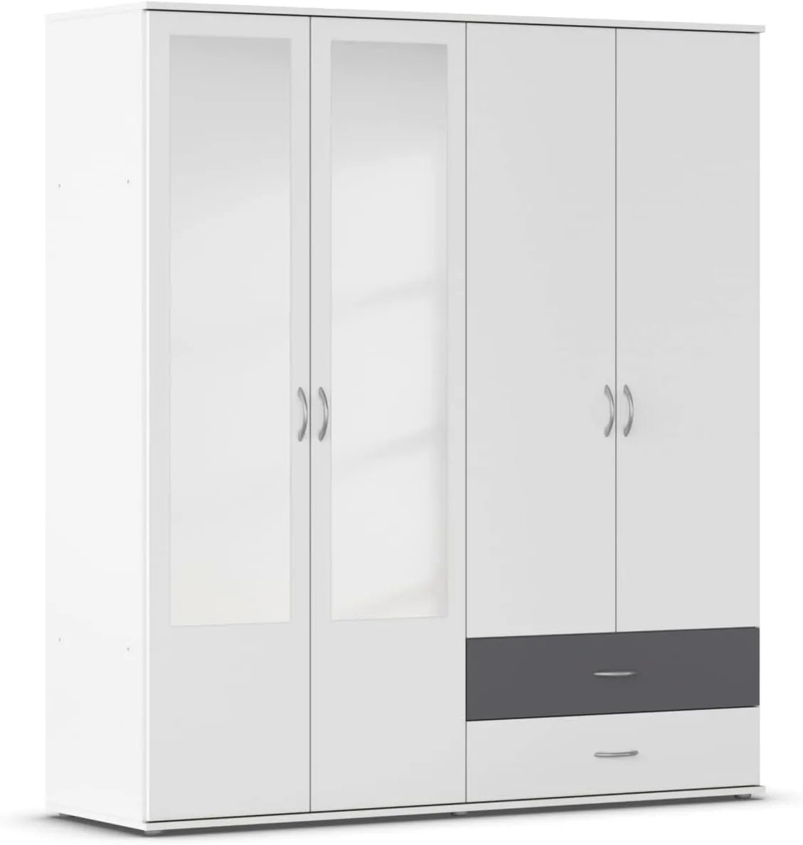 Armoire Noosa 4 Portes et 2 Tiroirs avec Miroir, Blanc/Gris Métallisé, Inclus Accessoires