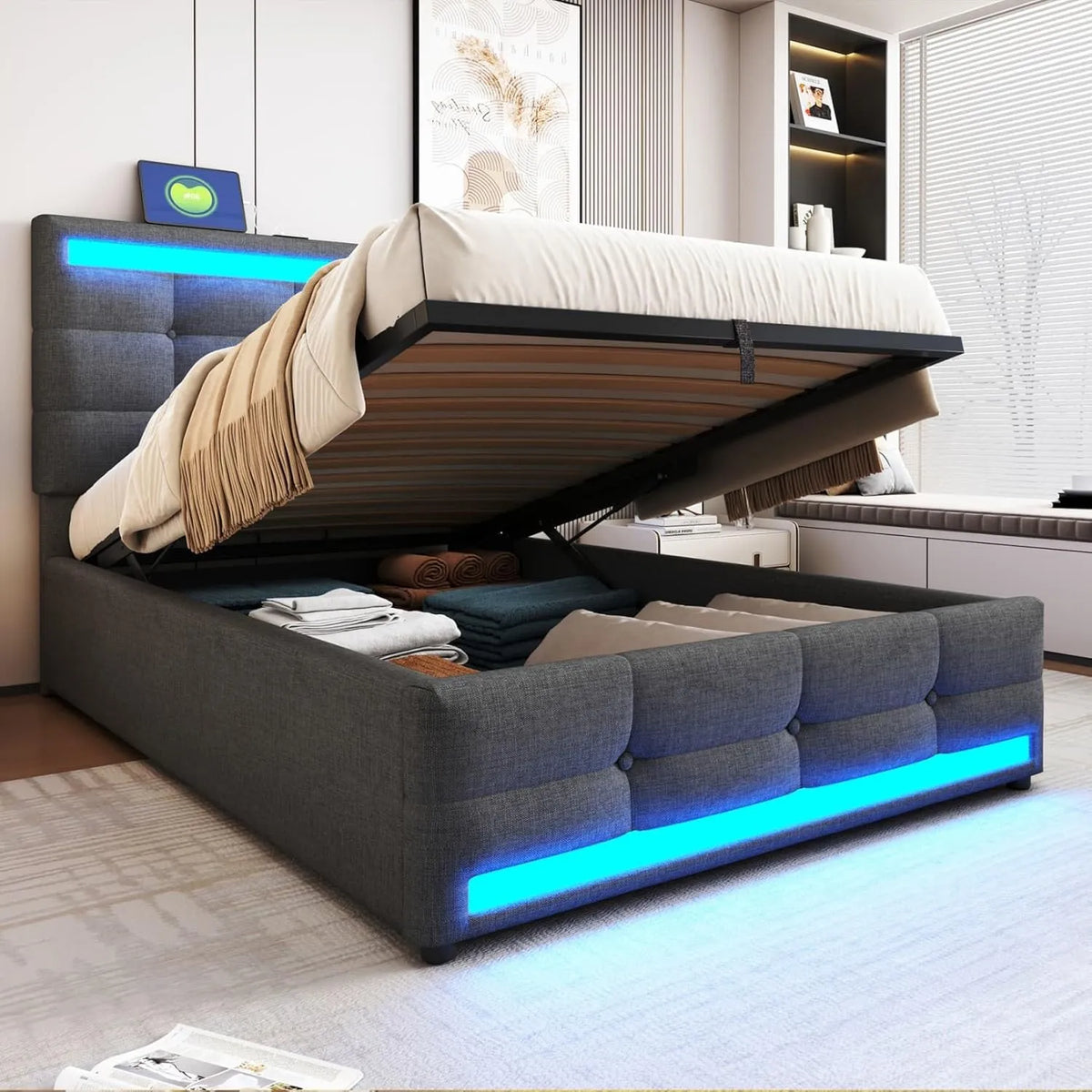 Lit Simple 90x200cm avec LED, Port USB et Rangement, Tête Réglable, Sommier Lattes, Lin, Sans Matelas (Gris)
