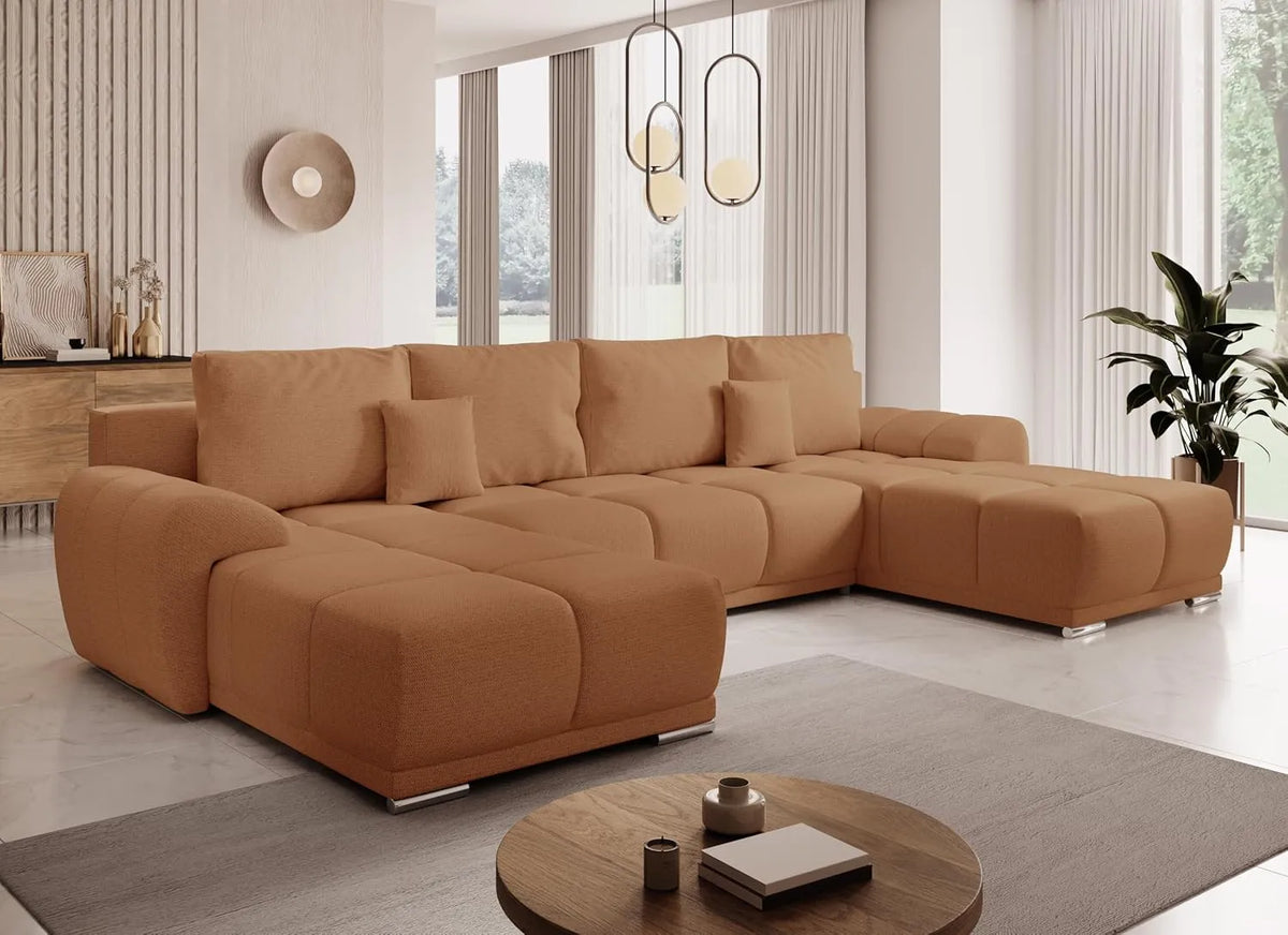 Canapé d'angle panoramique convertible en tissu terracotta anti-tache