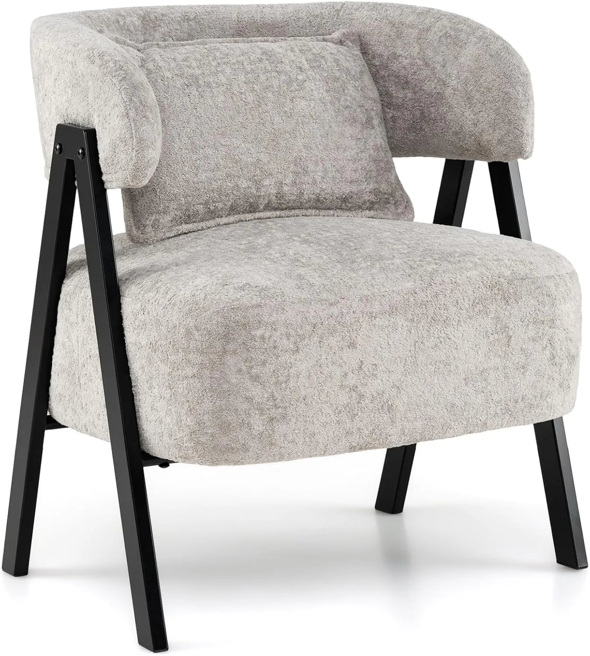 Fauteuil Scandinave en Fausse Fourrure avec Coussin Lombaire, Chaise Confortable à Pieds en Métal pour Salon, Chambre et Bureau, Assise Large (Gris)