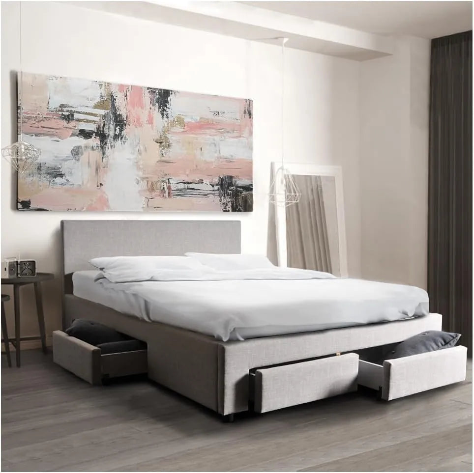 Lit Lugano 140x190 avec Sommier et 4 Tiroirs, Gris Clair