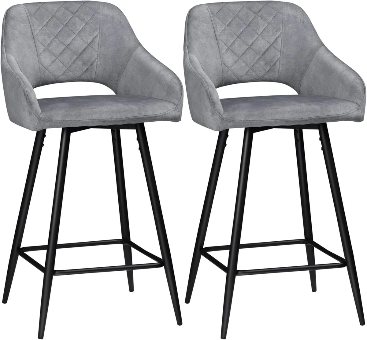 Ensemble de 2 Tabourets de Bar en Velours Gris avec Accoudoirs et Repose-Pieds, Pieds Métal Noir, Hauteur 67 cm
