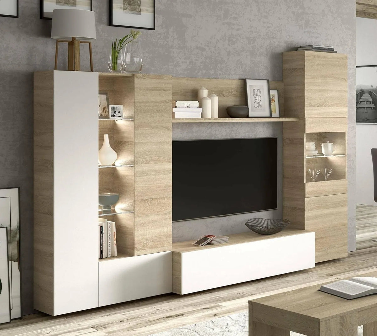 Meuble TV Compact 260 cm, Chêne Canadien et Blanc Brillant