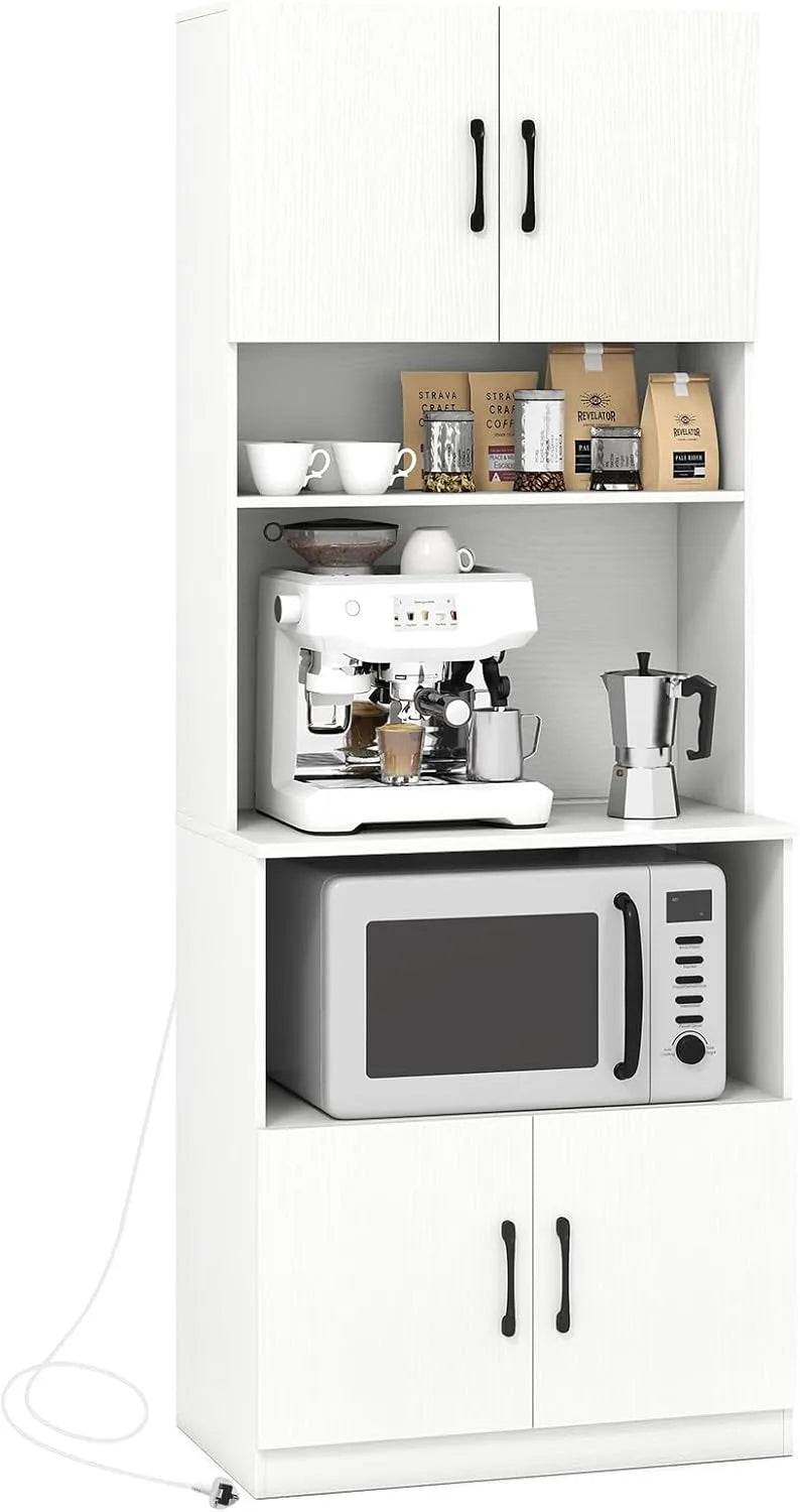 Meuble de Cuisine Moderne avec Chargeur Intégré, Buffet Haut avec Rangements et Étagères Réglables, Blanc