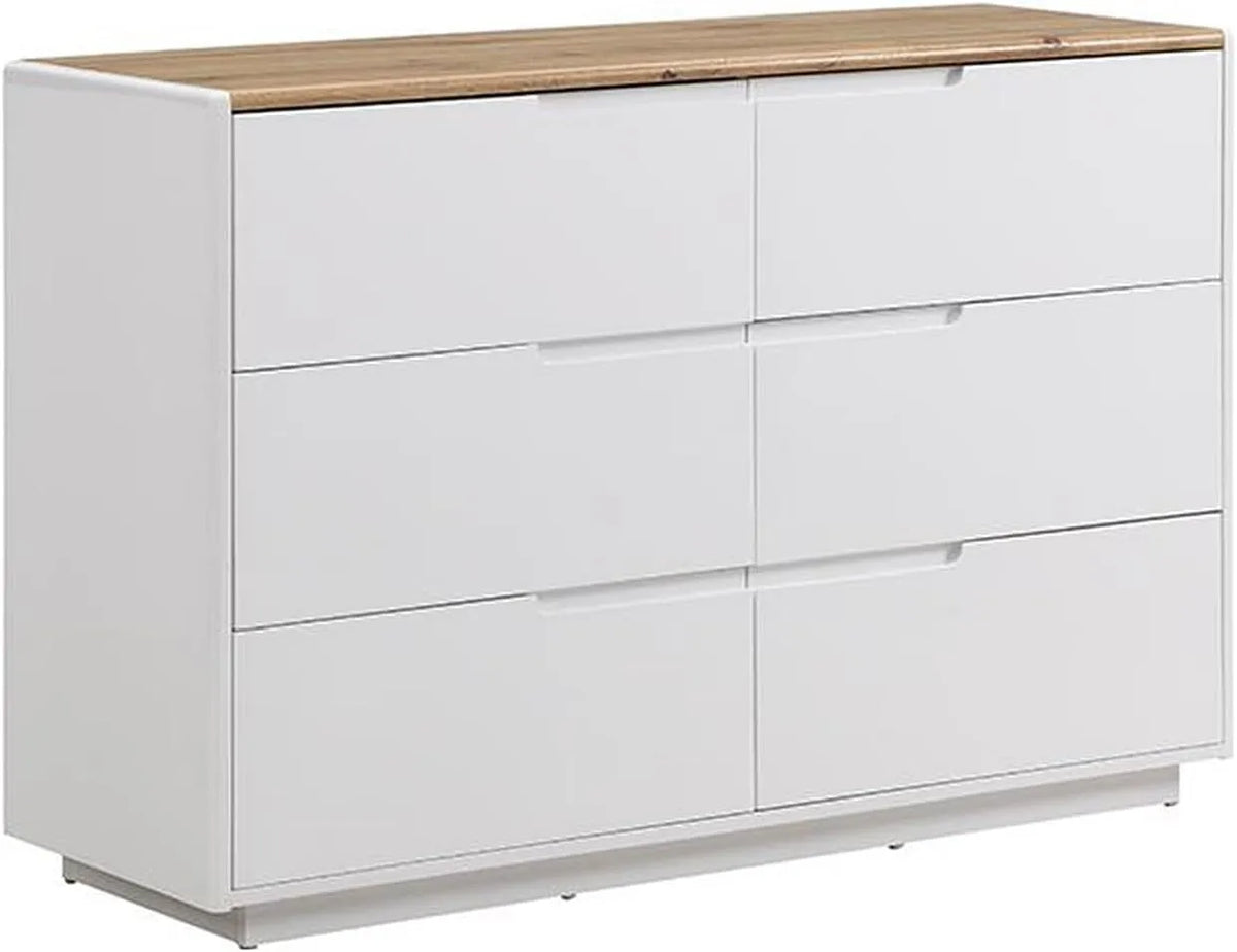 Commode Amani - 6 Tiroirs - Design Moderne - Blanc Laqué et Chêne