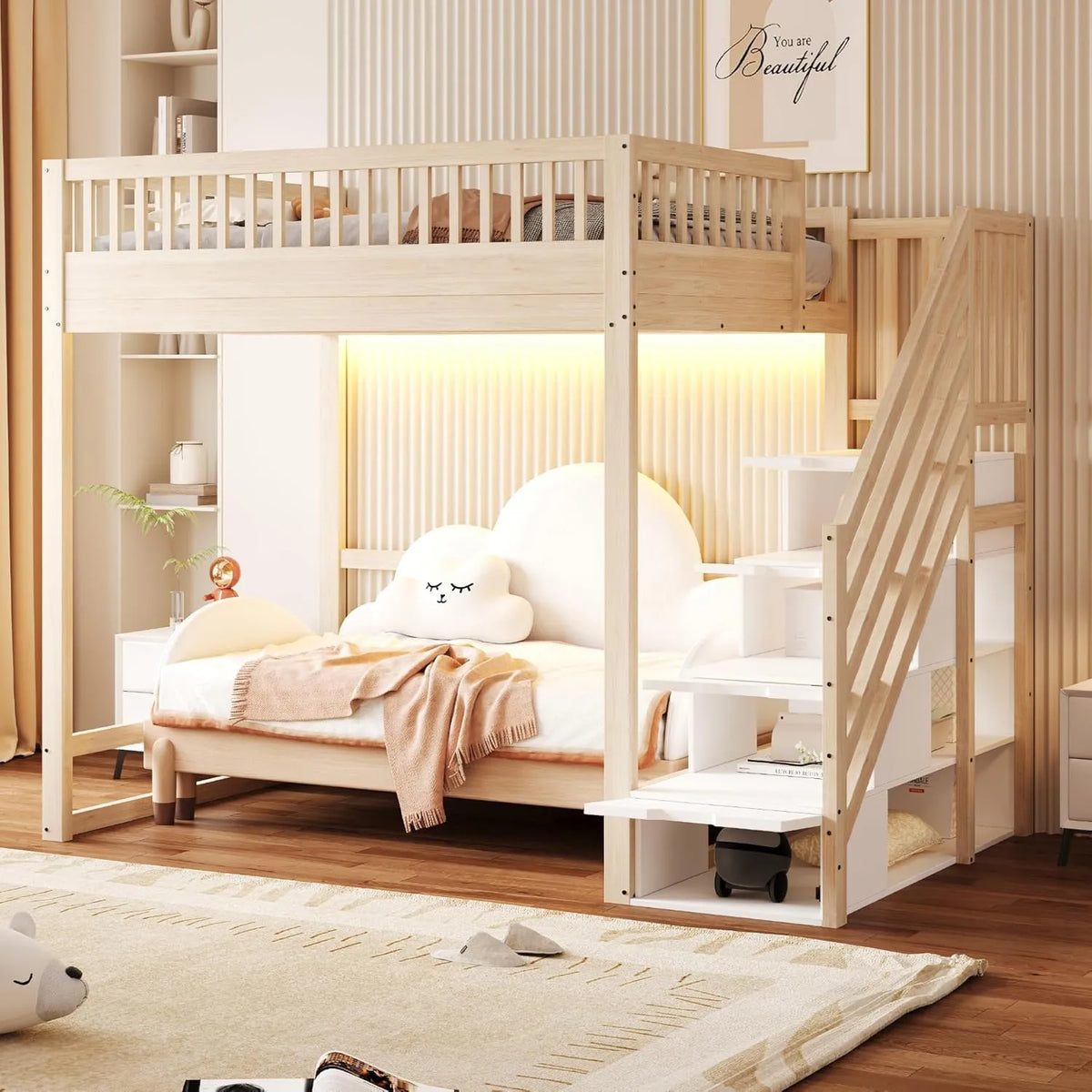 Lit mezzanine Merax 140x200 cm avec rangement, LED et échelle réversible