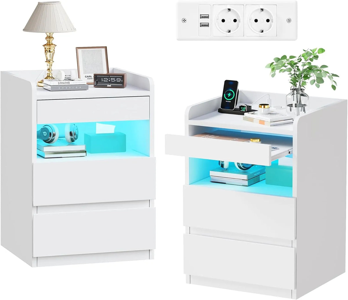 BEWISHOME Lot de 2 Tables de Chevet Modernes avec Compartiment Caché et Chargeur - Blanc