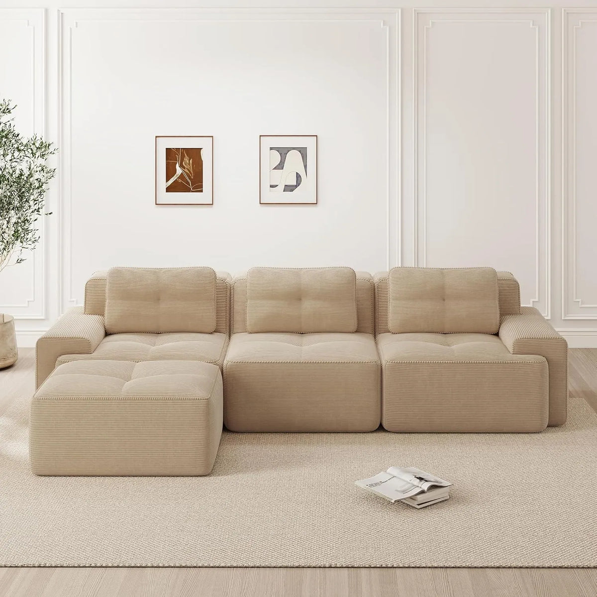 Canapé d'angle modulable en velours côtelé beige, 4 places avec assise profonde, confort optimal pour salon