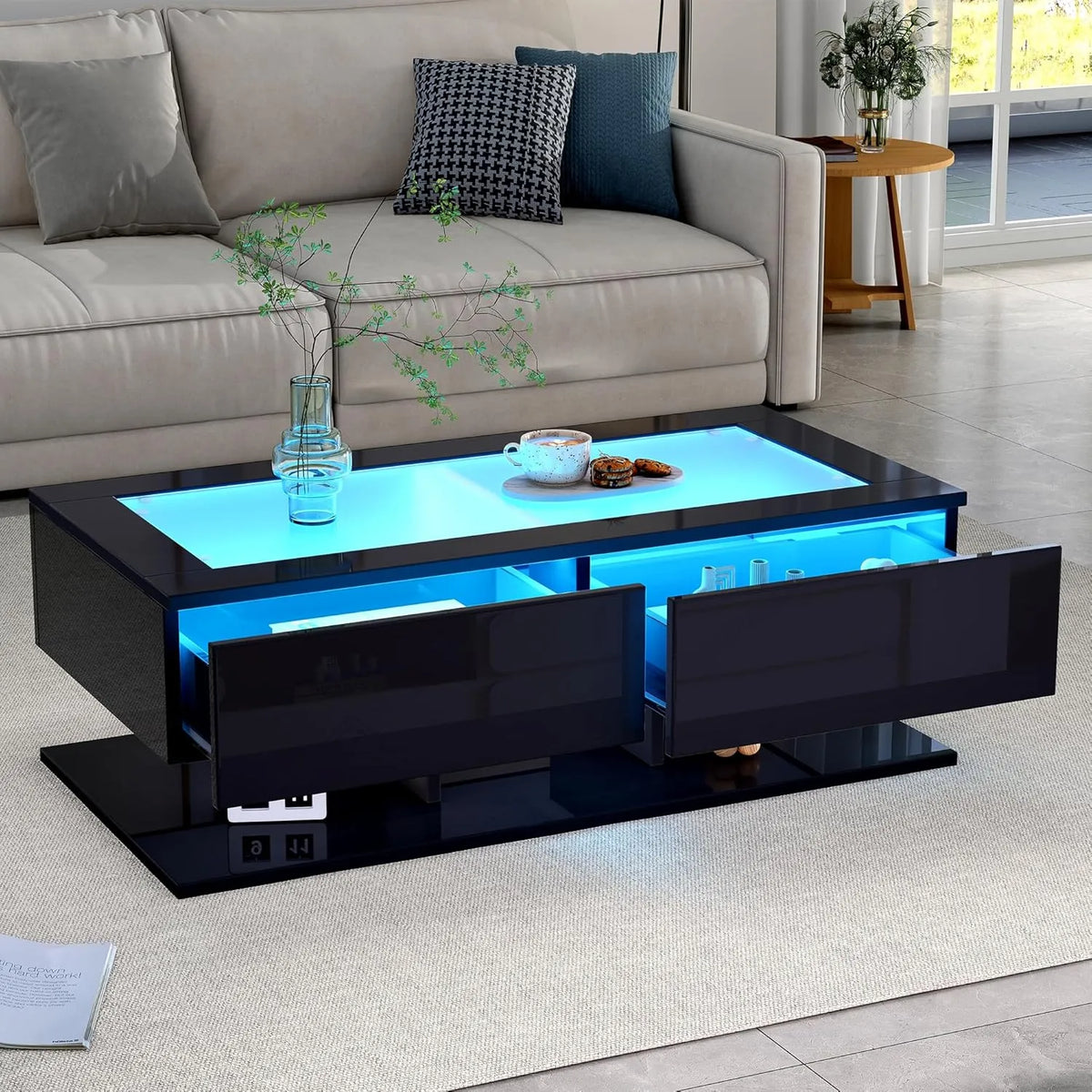 Table basse design rectangulaire avec éclairage LED et espace de rangement, plateau en verre brillant, noir 100x50x35 cm