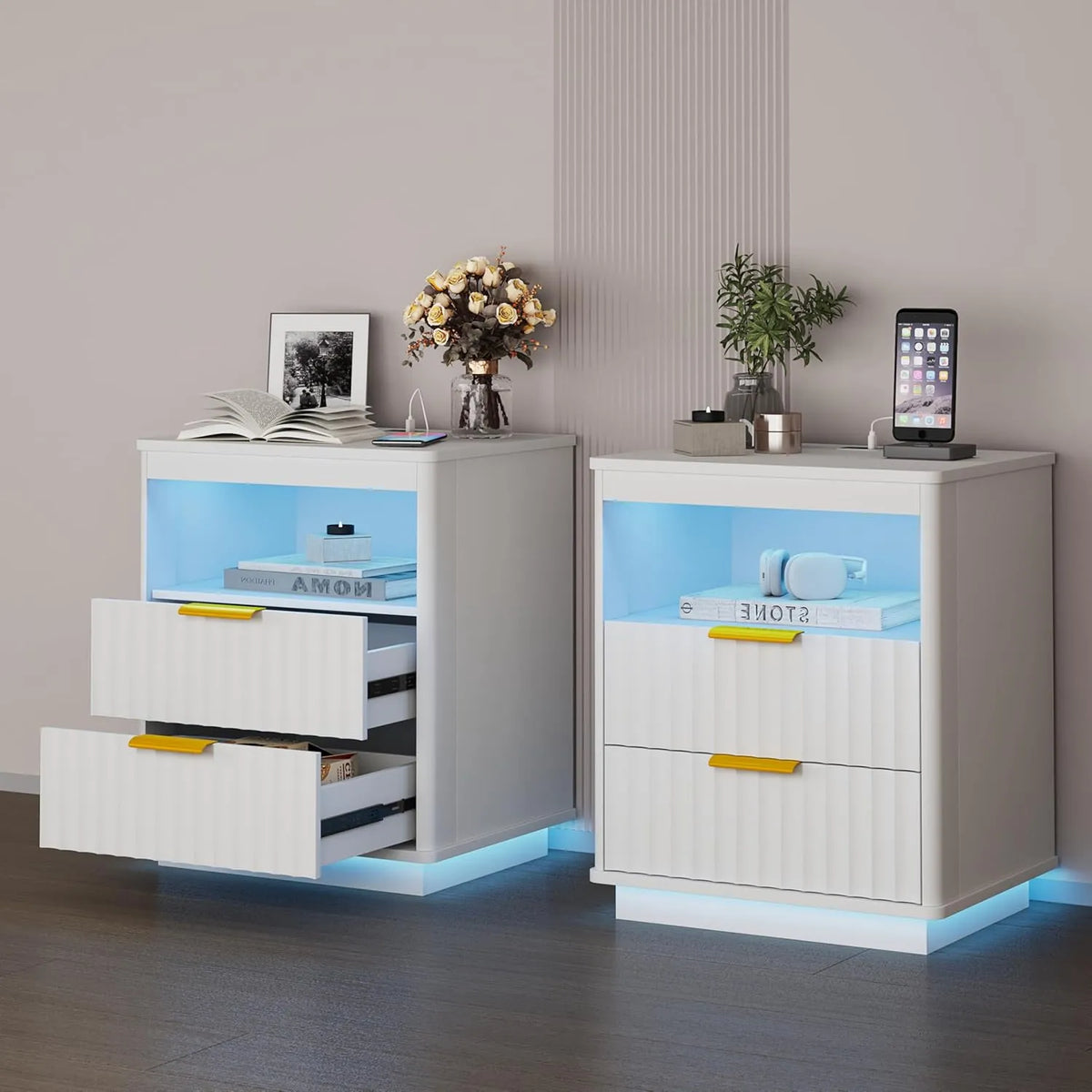 Tables de Chevet Modernes avec LED et Charge USB, Lot de 2, 2 Tiroirs, Bois, Blanc