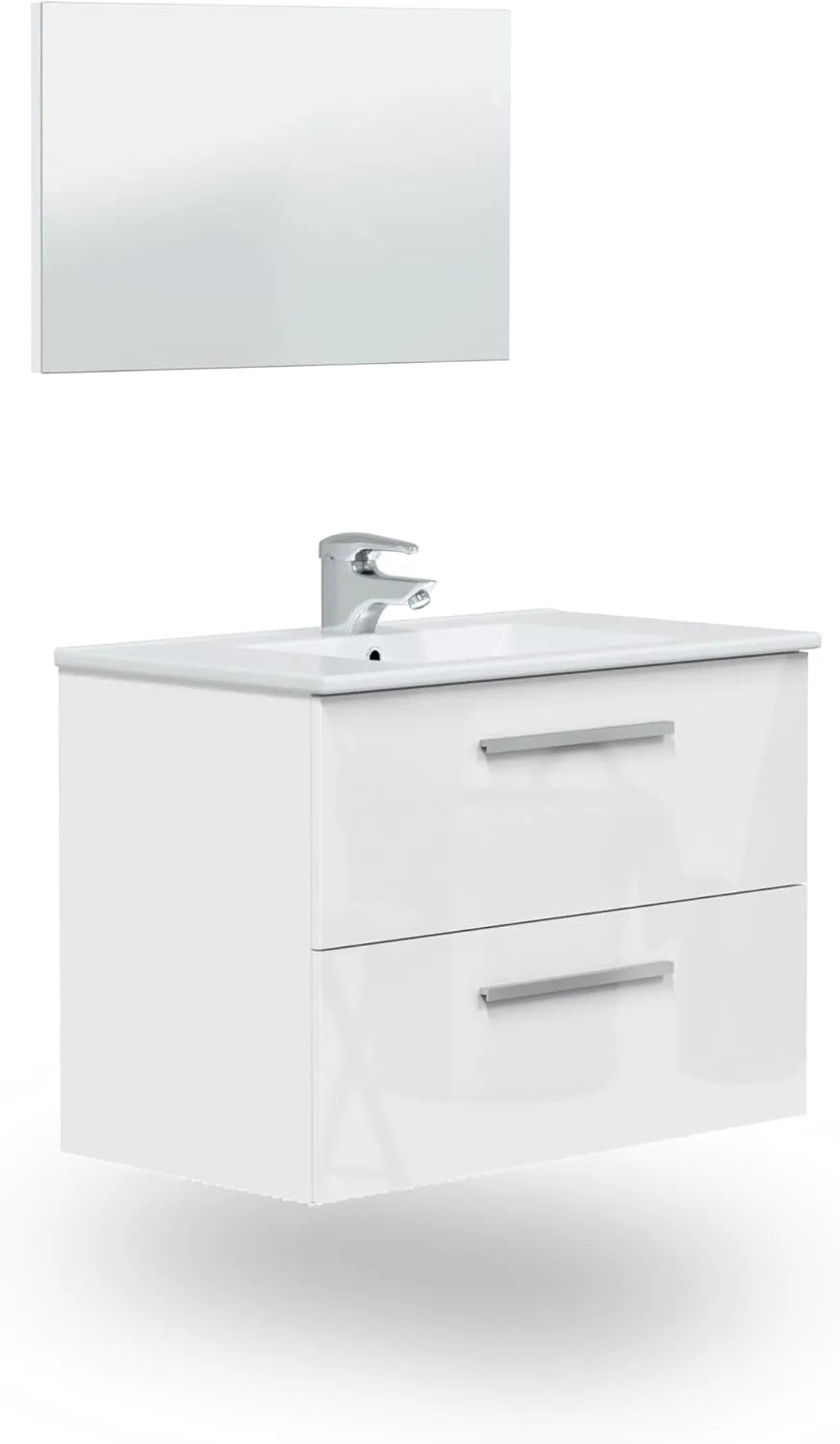 Meuble de Salle de Bain Suspendu avec Tiroirs et Miroir, Blanc Brillant, 80x60x45 cm