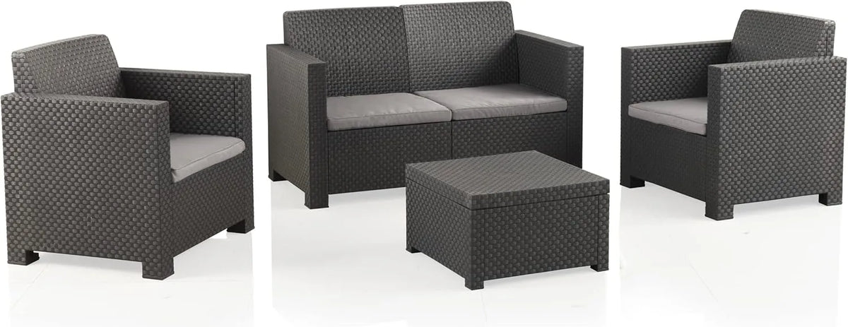 Ensemble de Salon de Jardin 4 Places en Résine Tressée Anthracite - Table Basse, 2 Fauteuils, Canapé 2 Places