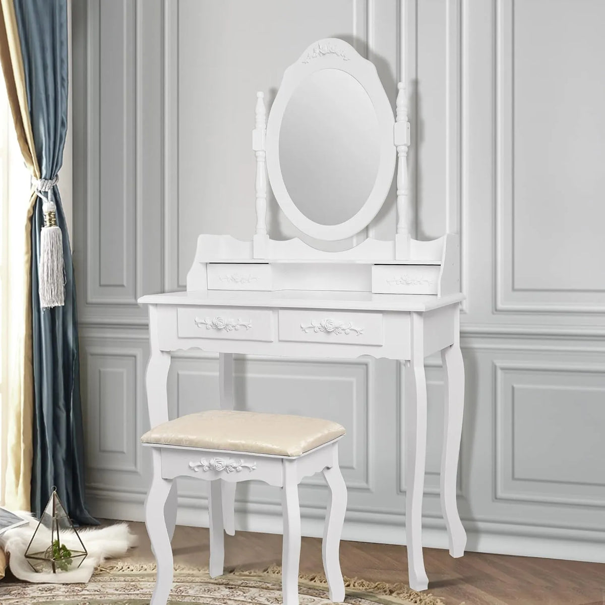 Coiffeuse Blanche avec Tabouret, Miroir et 4 Tiroirs pour Femmes