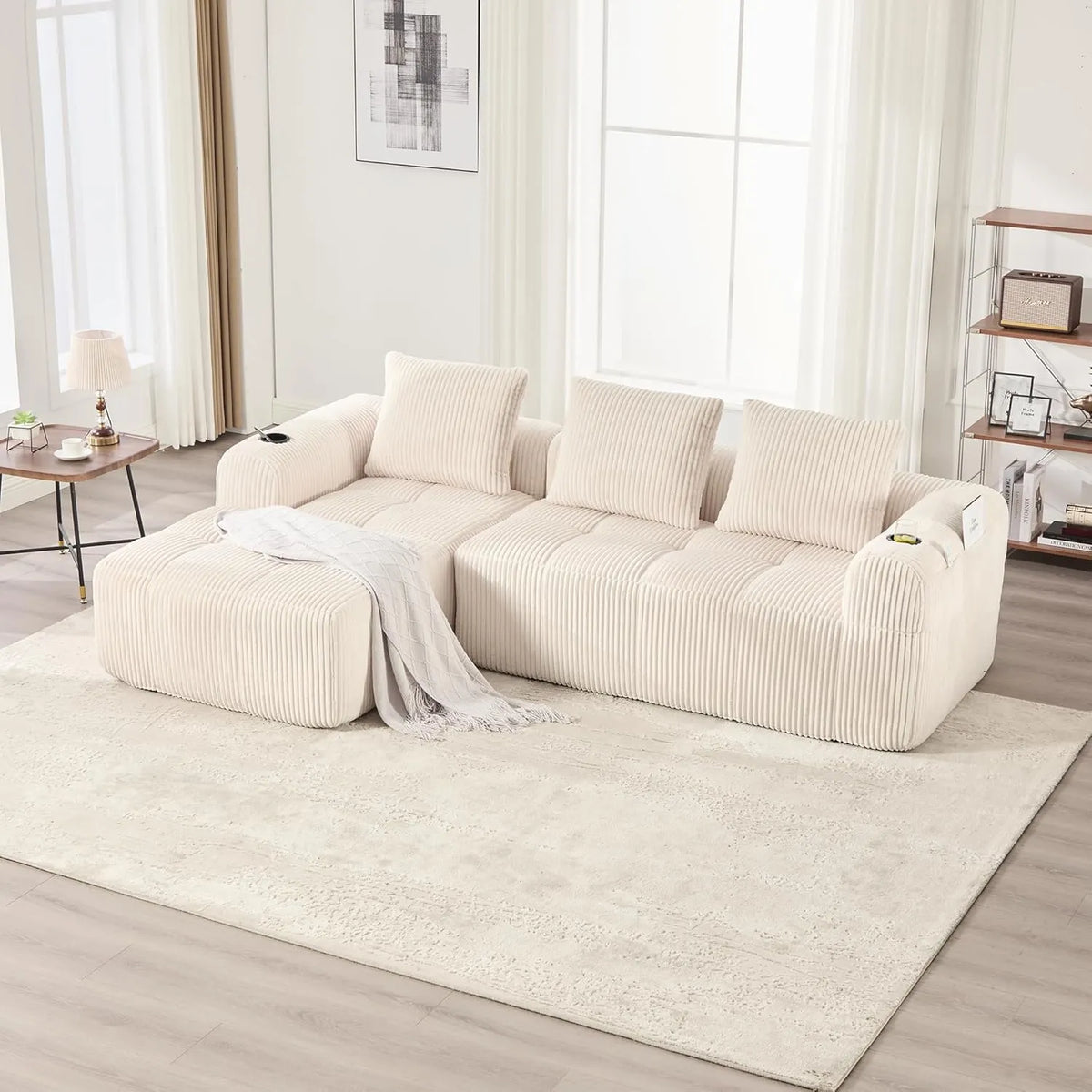 Canapé d'angle modulable en velours côtelé avec porte-gobelet et rangement latéral, 3 places, beige