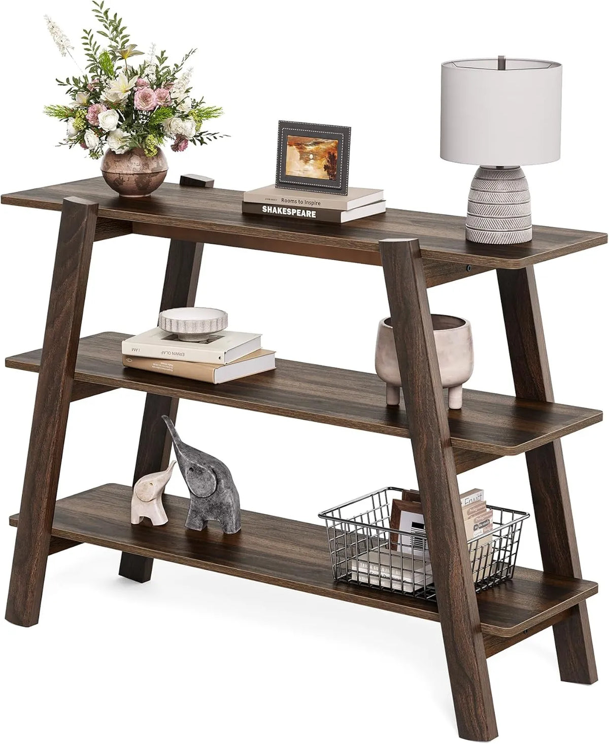 Table Console Tribesigns 105 cm, Table Basse à 3 Niveaux avec Rangements Ouverts, Bois de Ferme pour Salon, Entrée et Couloir