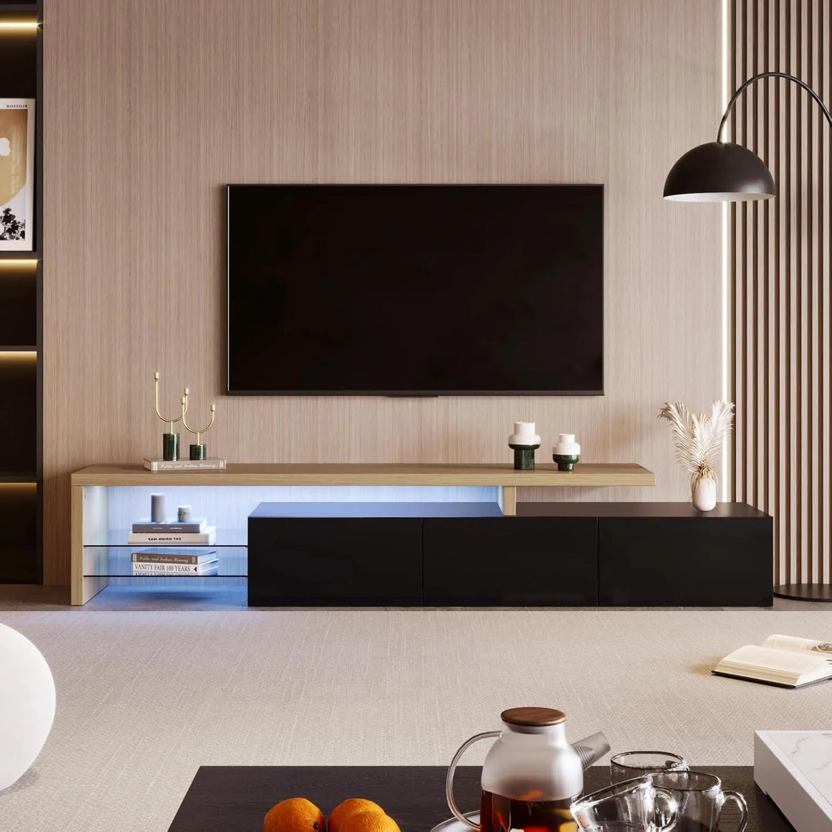 Buffet TV Moderne avec LED RGB, 3 Portes et Étagères en Verre – Élégance pour Salon - Blanc/Noir