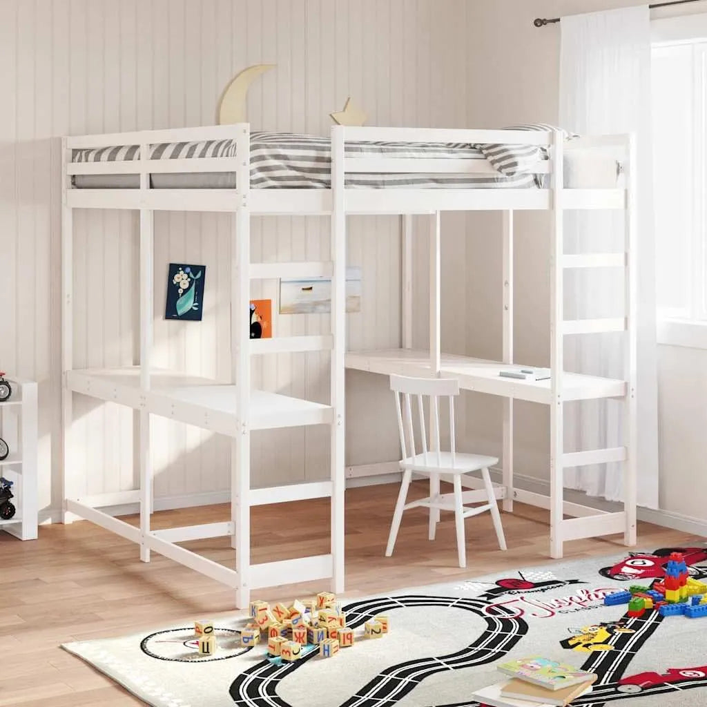 Lit mezzanine blanc avec bureau intégré en pin massif 160x200 cm pour adolescents