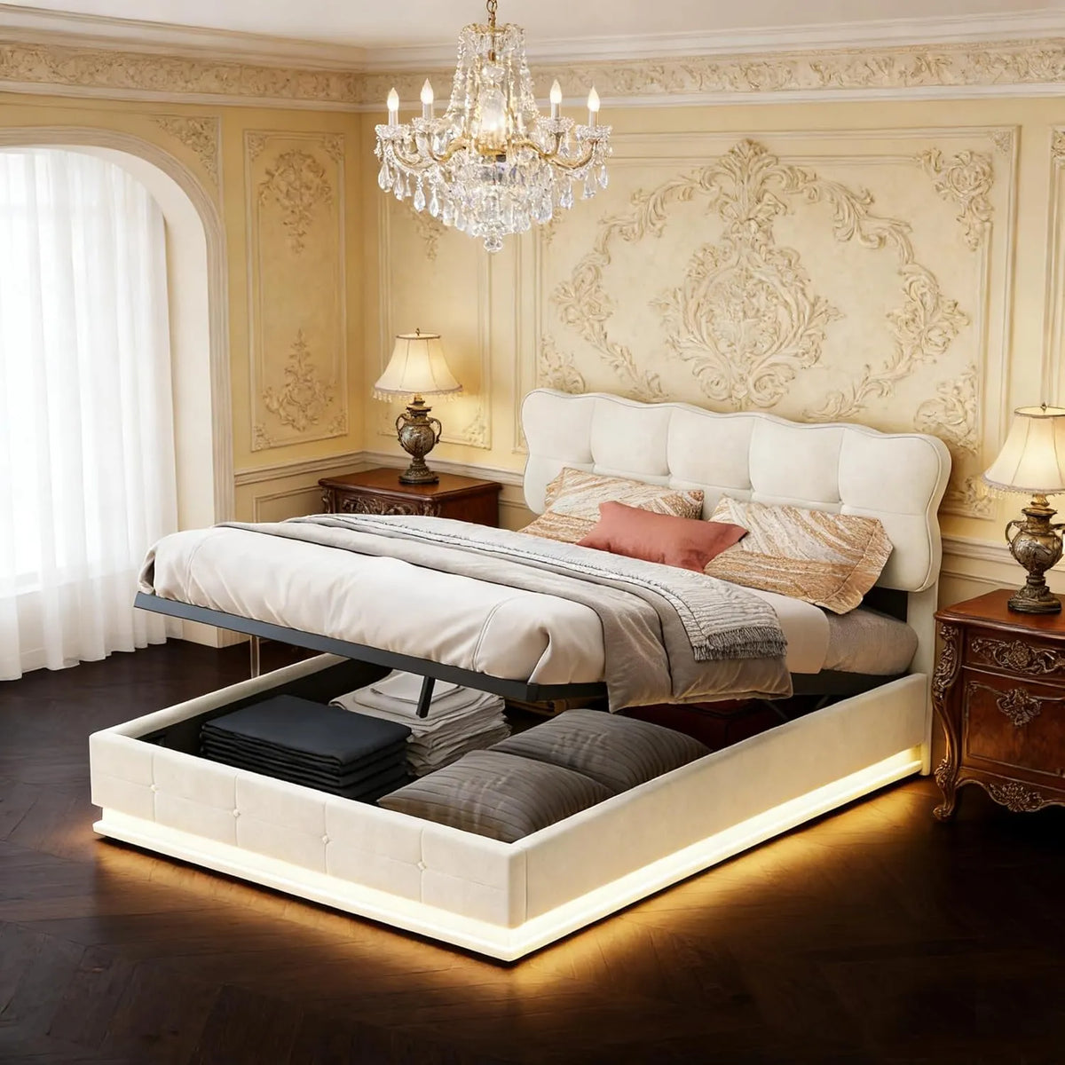 Lit double 160x200 cm avec rangement hydraulique et éclairage LED, tête de lit matelassée pour adolescents