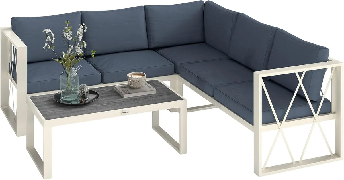 Ensemble de Salon de Jardin Modulable 4 Pièces avec Canapés et Table Basse en Résine Tressée, Coussins Beige et Gris