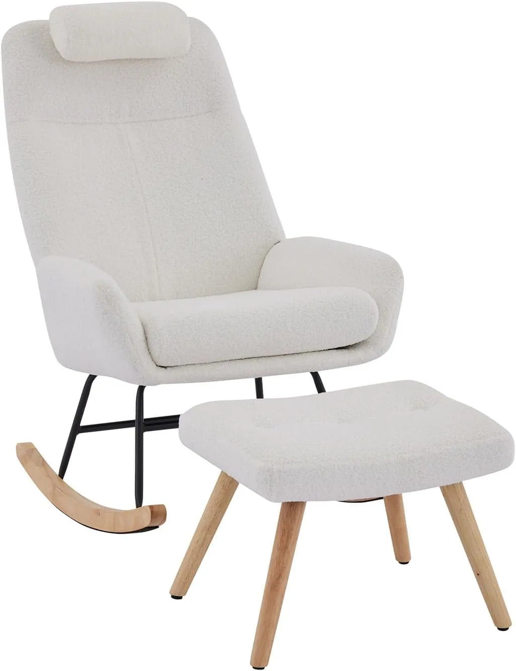 Chaise à Bascule Scandinave avec Repose-Pieds et Appuie-Tête, Fauteuil Relax pour Salon et Chambre, Cadre Métal et Pieds Bois, Blanc, 98x49x96.5cm