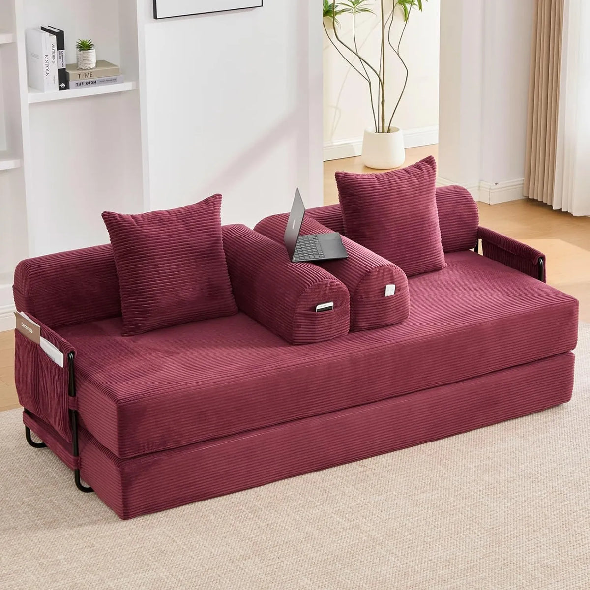 Canapé Convertible Moderne en Velours Côtelé 2 Places avec Coussins Confortables, Structure Métal DIY - Rouge