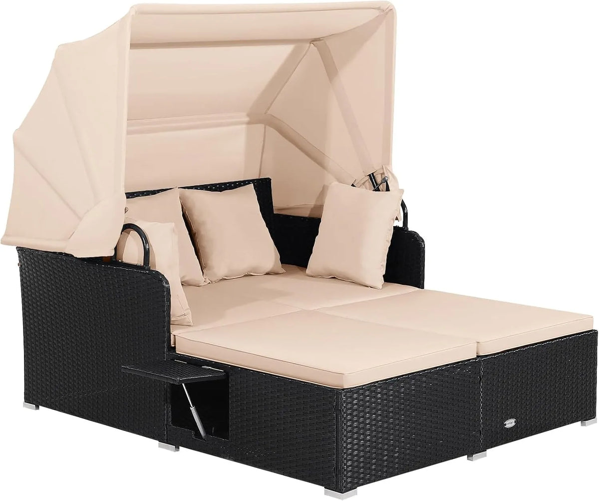 Transat en Rotin Double avec Auvent, Lit de Jardin Pliable et Coussins Confortables - Beige