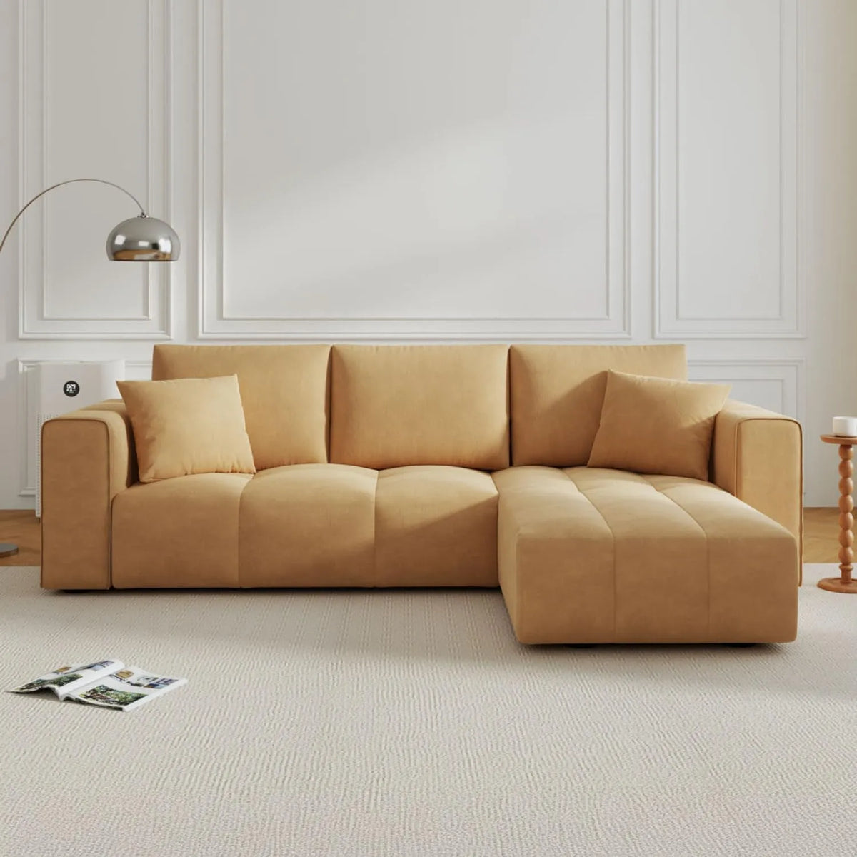 Canapé d'Angle Modulable 4 Places Convertible en Velours Jaune avec Coffre